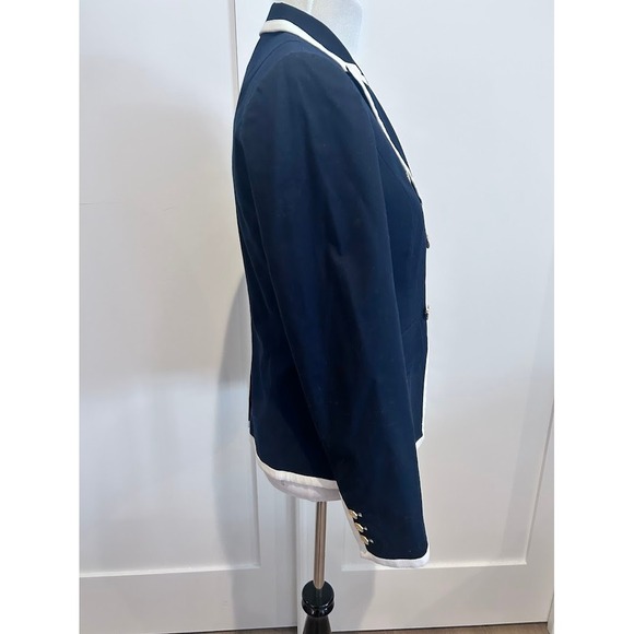 Tory Burch Navy Blue Double Breasted Blazer Gold Logo Buttons White Trim Size 6 - Picture 4 of 12